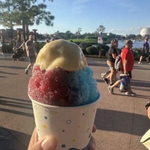 Rainbow kakigori met gecondenseerde melk bij het Japan paviljoen in EPCOT's World Showcase